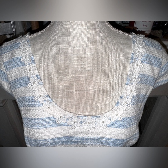 Lilly Pulitzer Rylan Flutter Blue Lurex Boucle Stripe Daisy Pearl Lace Dress Sz6 - Picture 12 of 15